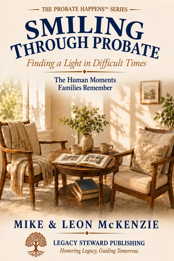 Smiling Through Probate by Mike and Leon McKenzie, showing two chairs beside a table with family photographs.